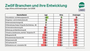 Geschäftslage und -klima der Unternehmensberater/innen haben im Juni ihren tiefsten Punkt erreicht. Im Branchenvergleich liegt die Unternehmensberatung aktuell auf Platz fünf von zwölf. 