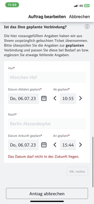 Die Daten der Reise werden aus dem Onlinerticket übernommen