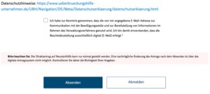 Hier musst du nun nochmals der Verwendung deiner E-Mail-Adresse für die Kommunikation mit der Bewilligungsstelle zustimmen.
Wichtig: Dein Antrag ist erst dann eingereicht, wenn du ihn hier absendest und anschließend Felder mit Fehlermeldungen korrigiert hast!