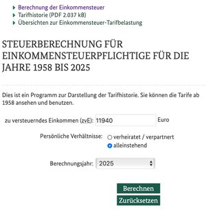 Eingabeformular des Lohn- und Einkommensteuerrechners des Bundesfinanzministeriums, den wir für die Musterrechnungen benutzt haben