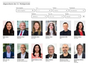 Auf der Website des Bundestags findest du eine Übersicht über alle Abgeordneten. Oben rechts kannst du zum Beispiel nach Fraktion, Wahlkreis oder Ort auswählen, wer dir angezeigt wird.