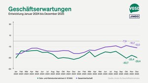Ins neue Jahr blicken die Selbstständigen etwas weniger skeptisch als im Vorjahr, bleiben aber pessimistischer als die Gesamtwirtschaft.