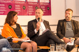 Claudia Schlebach und Andreas Lutz (mit dem Journalisten Michael Busch) bei der vorherigen AGS-Veranstaltung -