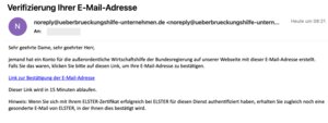 So sieht die Bestätigungsmail aus. Du musst nun innerhalb von 15 Minuten auf den "Link zur Bestätigung der E-Mail-Adresse" klicken. Solltest du keine E-Mail erhalten haben, prüfe deinen Spamfilter und ob du die E-Mail-Adresse richtig angegeben hast. Fordere sonst im Browser nochmals eine Bestätigungsmail an.