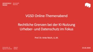Bei unserem letzten Themenabend hat Prof. Dr. Anke Reich einen Vortrag über rechtliche Fragen bei der Nutzung von KI gehalten.