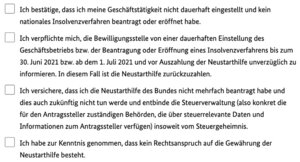 Du darfst deine selbstständige Tätigkeit nicht vor dem 30. Juni 2021 bzw. vor der Auszahlung der Hilfe beenden und den Antrag auch nicht mehrfach stellen.
Auf den Antrag auf Gründungszuschuss besteht kein Rechtsanspruch, es handelt sich um eine Kann- bzw. Ermessensleistung. Sie darf beendet werden, wenn die dafür vorgesehenen Mittel erschöpft sind. Angesicht des öffentlichen Drucks auf die Regierung können wir uns das allerdings zurzeit schwer vorstellen.