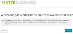 Hier musst du zustimmen, dass dein Elster-Zertifikat auch für das Corona-Hilfen-Portal verwendet und deine Daten weitergegeben werden dürfen.