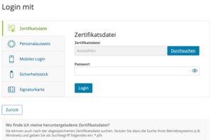 Du musst dein Elster-Zertifikat hochladen und das zugehörige Passwort eingeben.
Falls du über kein gültiges Zertifikat verfügst, muss du auf elster.de ein neues anfordern bzw. dich neu registrieren. Zur Überprüfung deiner Adresse erhältst du ein Dokument per Post. Der Prozess nimmt mehrere Tage (bis etwa eine Woche) in Anspruch.
Mitglieder berichten uns, dass u.U. auch auf elster.de funktionierende Zertifikate zunächst aktualisiert werden müssen, wenn sie schon lange in Gebrauch sind.
Vielleicht hast du auch mehrere Zertifikate, z.B. für dich als Einzelunternehmer und für eine GbR. Hier ist natürlich wichtig, das richtige zu verwenden!