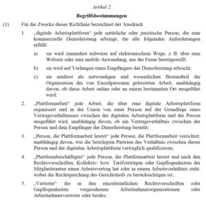 Artikel 2 der geplanten Arbeitsplattform-Richtlinie: Diese Begriffe sollten klar definiert sein