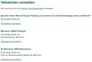 Alle Anmeldungen auf einen Blick – mit der Möglichkeit, dich mit einem Klick abzumelden