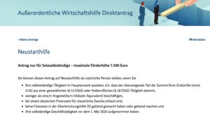 Hier sind nochmals die wichtigsten Bedingungen für einen Antrag auf Neustarthilfe aufgeführt: Hauptberufliche Selbstständigkeit, weniger als ein Vollzeit-Mitarbeiter(äquivalent), Gründung vor dem 01.05.2020. Außerdem wirst du darauf hingewiesen, dass Neustarthilfe und Überbrückungshilfe III sich ausschließen!