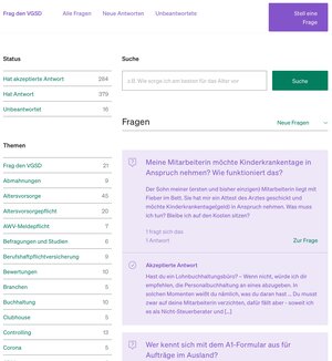 Die "Frag den VGSD"-Seite in zweispaltiger Darstellung: Links die Filter, rechts die Fragen