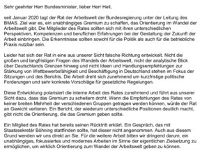 Auszug aus dem Brief von Mitgliedern des "Rat der Arbeitswelt" an Hubertus Heil