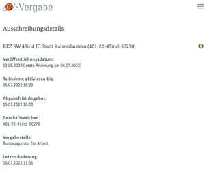 Übersichtsseite der Ausschreibung auf evergabe-online