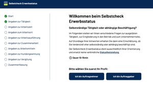 Zu Beginn des "Selbstcheck Erwerbsstatus" wählt man aus, ob man Auftragnehmer oder Auftraggeber ist. Dann gilt es, rund 30 Fragen zu beantworten.