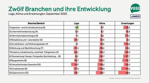 Nur bei einziger Branche überwiegt eine positive Lagebeurteilung. Erwartungen und Klima sind bei allen Branchen im negativen Bereich.