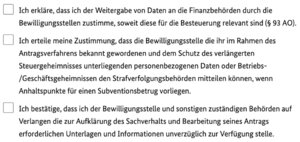 Es folgen weitere Einverständniserklärungen, z.B. über die Meldung der Neustarthilfe an das Finanzamt, auf die du zuvor schon hingewiesen wurdest.