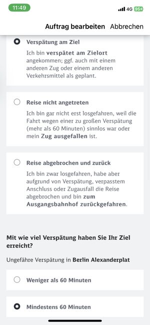 Dann gibt man an, wie sich der Erstattungsanspruch begründet. Wer "Weniger als 60 Minuten" wählt, erfährt, dass er/sie keinen Anspruch auf Erstattung hat.