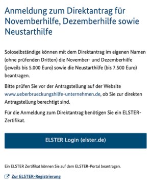 Der Antrag auf Neustarthilfe beginnt ebenso wie der Direktantrag auf November- und Dezemberhilfe mit dem Elster-Login.