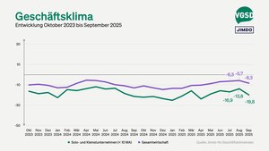 Das Geschäftsklima der Selbstständigen (grün) ging im September deutlich zurück. 