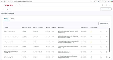 Per E-Mail an das InvoiceHub-Postfach weitergeleitete Rechnungen erscheinen chronologisch geordnet im Eingangsordner.