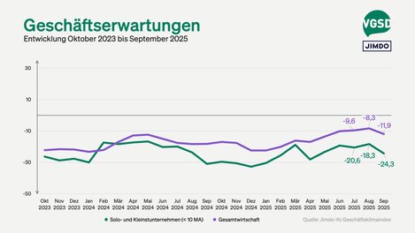 Auch die Erwartungen der Selbstständigen (grün) für die Zukunft verdunkelten sich.
