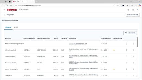 Per E-Mail an das InvoiceHub-Postfach weitergeleitete Rechnungen erscheinen chronologisch geordnet im Eingangsordner
