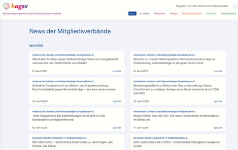 Im neuen News-Bereich können die politischen Inhalte vieler Mitgliedsverbände per RSS-Feed zusammenfließen.