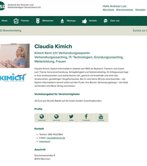Branchenprofil vor Relaunch (am Beispiel von Claudia Kimich)