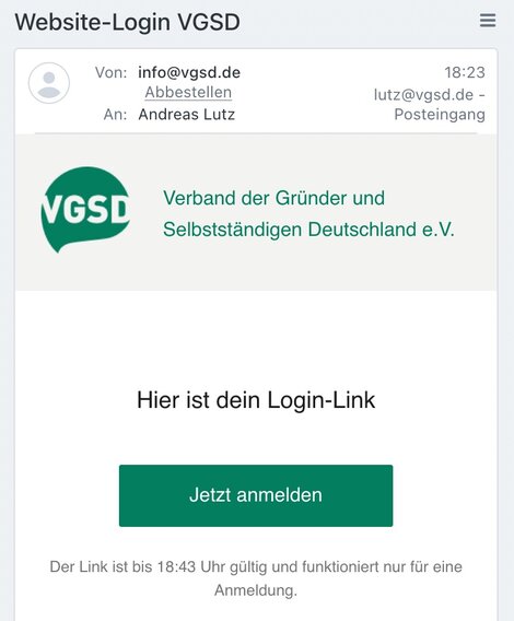 Letzter Schritt: Schon ist die Login-E-Mail in deinem Postfach. Du brauchst nur noch auf "Jetzt anmelden" zu klicken: Unsere Website öffnet sich und du bist bereits eingeloggt.