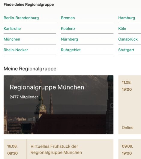 Auf der Website angemeldeten Mitglieder wird (abweichend von der normalen Reihenfolge) zunächst ihre eigene Regionalgruppe und deren nächste Termine angezeigt