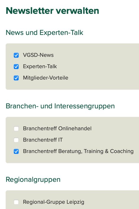 Unter "Newsletter verwalten" im Account-Bereich kannst du prüfen, zu welchen Themen du Einladungen bzw. Newsletter erhältst