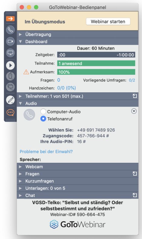 Zum Vergrößern anklicken: Nach dem Login bei GoToWebinar wird Ihnen ein solches "Bedienpanel" angezeigt. Hier können sie sich z.B. im Reiter "Audio" die Zugangsdaten für die Telefoneinwahl anzeigen lassen (Ihr Headset wird stumm geschaltet, sobald die Telefonverbindung steht).