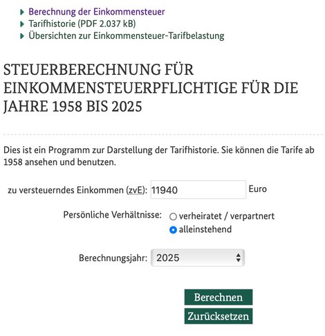 Eingabeformular des Lohn- und Einkommensteuerrechners des Bundesfinanzministeriums, den wir für die Musterrechnungen benutzt haben