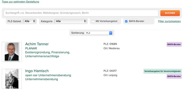 VGSD-Branchenprofil mit neuer Funktion: Filtern nach BAFA-Beratern