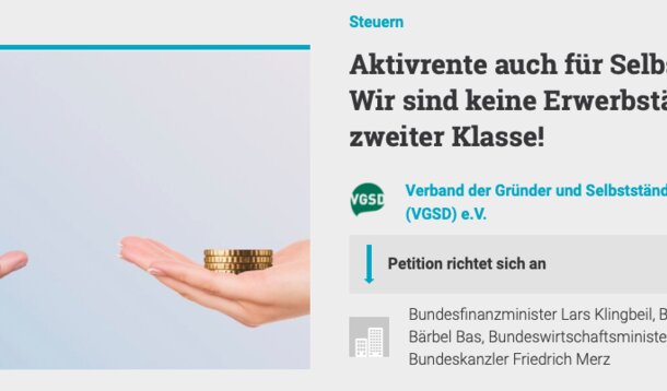 Schon 16.000 Unterschriften!: Petition “Aktivrente auch für Selbstständige”: Jetzt mitzeichnen!