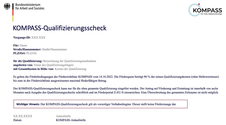 So sieht das Objekt der Begierde aus: Es ist offenbar vorgesehen, dass ein Qualifizierungsscheck immer nur eine einzige Weiterbildung umfasst und keine Kombination von mehreren passenden Maßnahmen erlaubt.