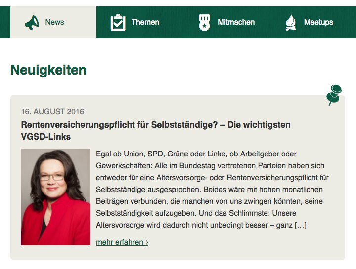 Die angepinnten Artikel sind farblich hervorgehoben und rechts oben mit einer Pinnadel gekennzeichnet