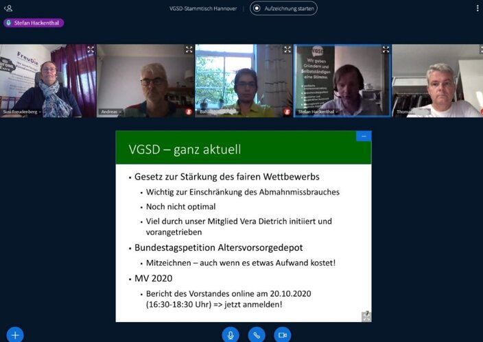 In einer kleinen Runde tauschten sich die Mitglieder der Hannover Regionalgruppe beim Online-Stammtisch über die aktuellen Aktionen des VGSD aus
