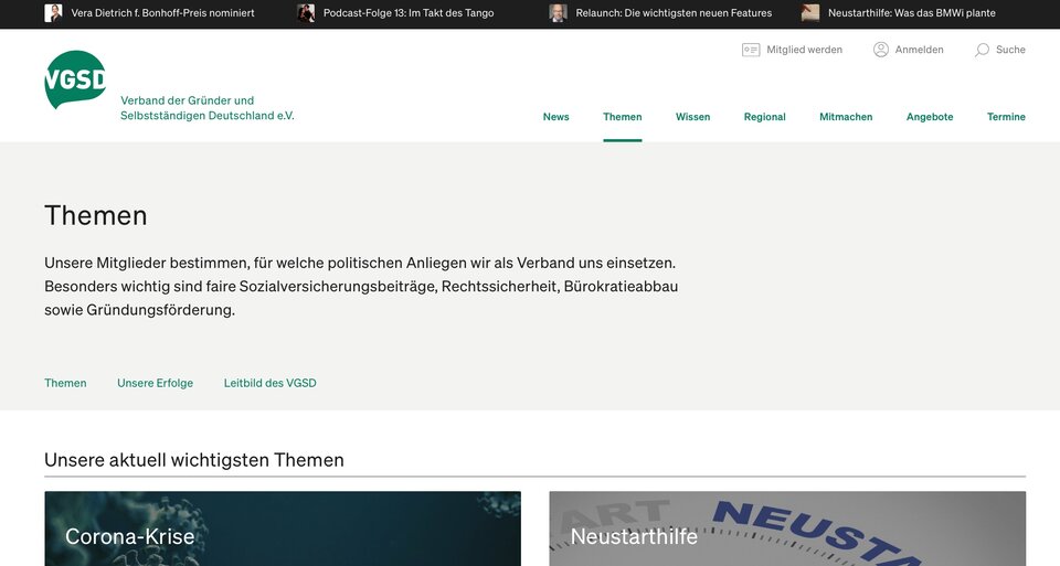 Und so sieht das Menü auf Unterseiten aus: Ganz oben schwarz hinterlegt bis zu vier Quicklinks, das zweigeteilte Hauptmenü, teilweise gibt es wie hier noch ein seiteninternes Menü