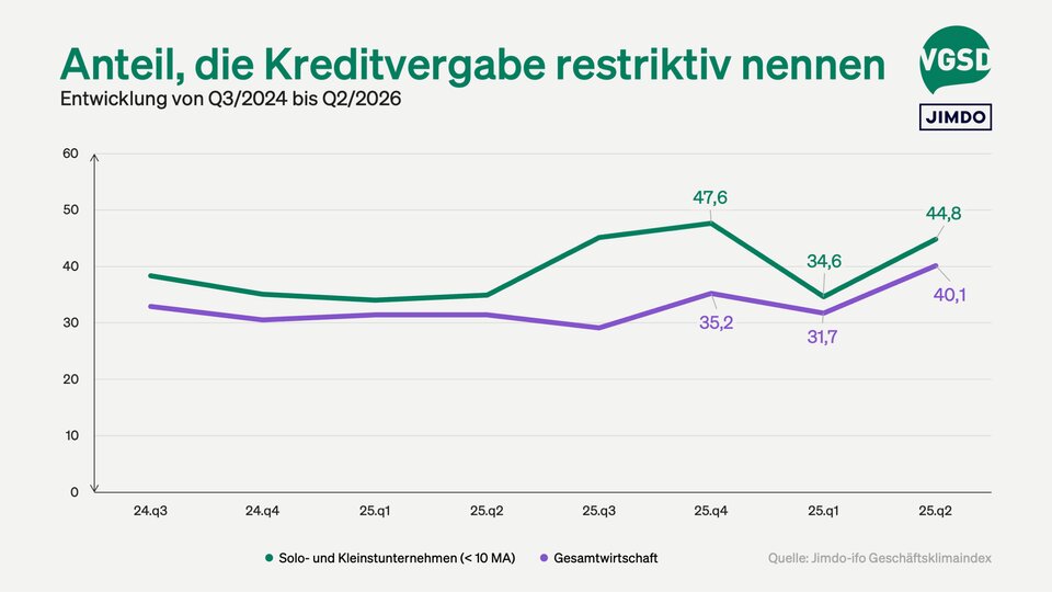 44,8 Prozent der Solo- und Kleinstunternehmen, die Kreditverhandlungen mit Banken führten, bezeichneten die Kreditvergabe in Q2 als restriktiv.