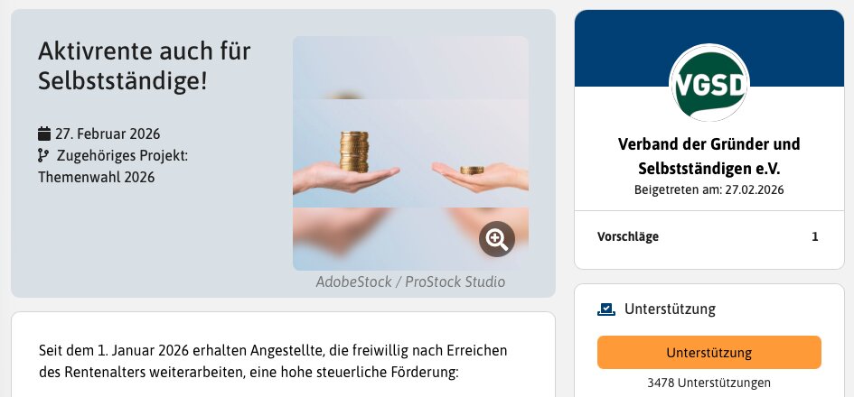So sieht unsere Themenseite bei Abstimmung21 aus. Mit einem Klick auf den orangefarbenen Button "Unterstützung" stimmst du für eine faire Aktivrente ab – und bekommst automatisch auch die Möglichkeit, an der späteren Volksabstimmung teilzunehmen. Foto: Screenshot 