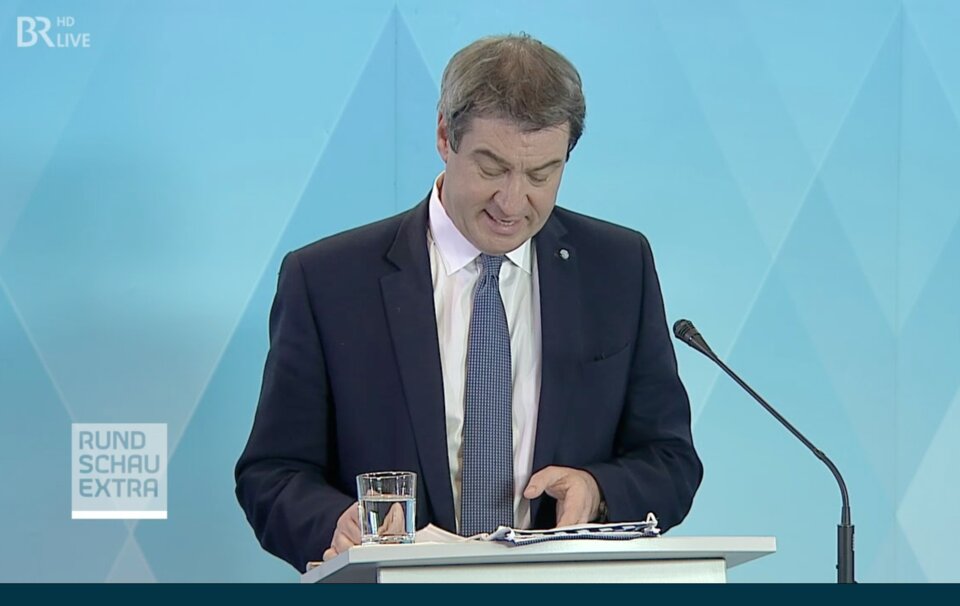 Der bayerische Ministerpräsident Markus Söder bei einer Pressekonferenz heute Mittag