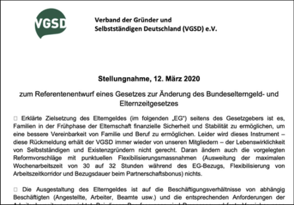 Vera Dietrich hat für die VGSD Arbeitsgruppe Elterngeld eine Stellungnahme zum Referentenentwurf des BMFSFJ verfasst (zum Lesen Abbildung anklicken)