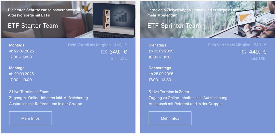 Zwei starke Angebote des VGSD: Zusätzlich zum ETF-Starter-Team (links) bieten wir ab sofort auch ETF-Sprinter-Teams an (rechts)