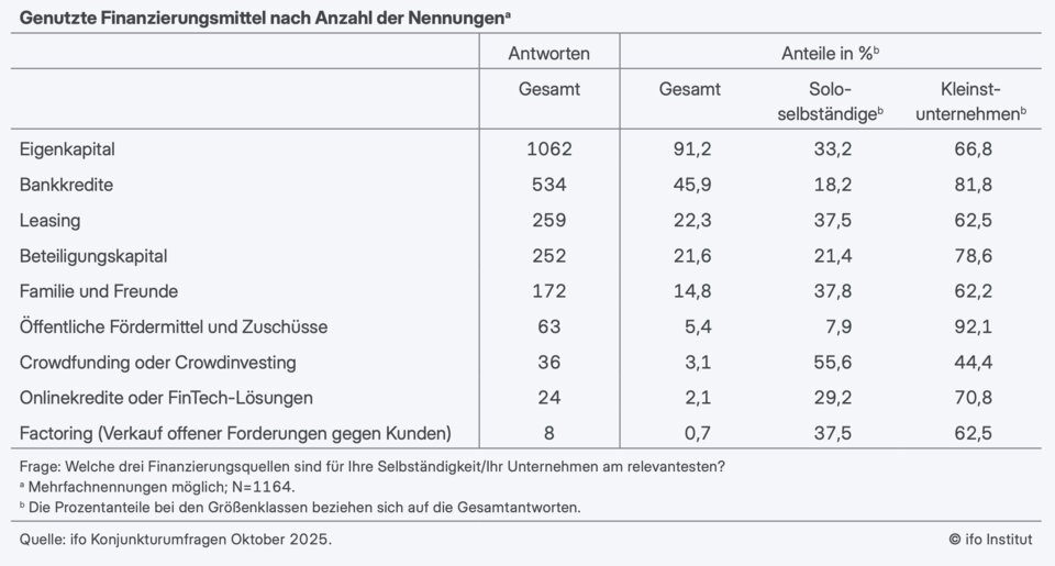 Tabelle 1 aus dem Aufsatz "Finanzierungsquellen von Soloselbständigen und Kleinstunternehmen Ergebnisse einer ifo-Befragung" von Katrin Demmelhuber"
