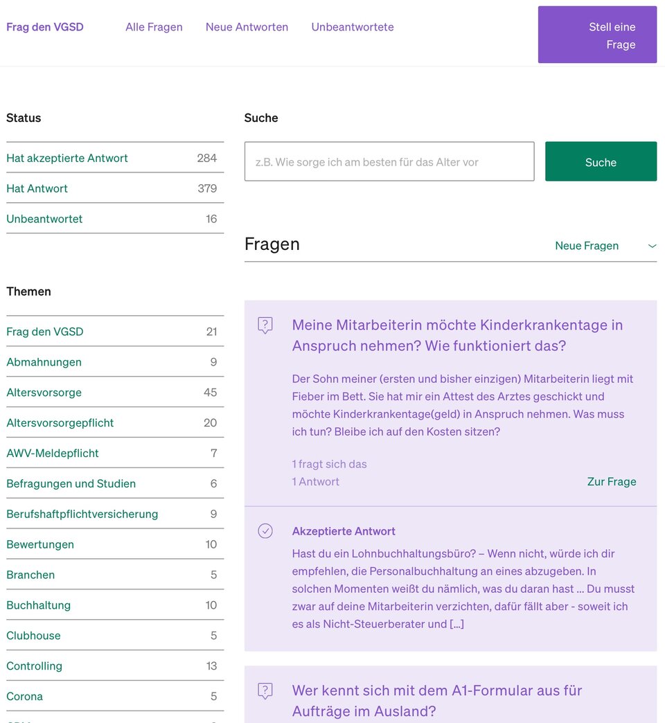 Die "Frag den VGSD"-Seite in zweispaltiger Darstellung: Links die Filter, rechts die Fragen