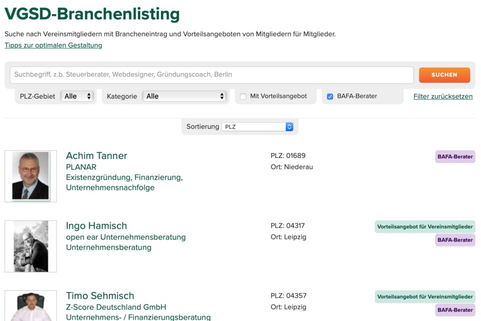 So sieht das nach BAFA-Beratern gefilterte Branchenlisting aus