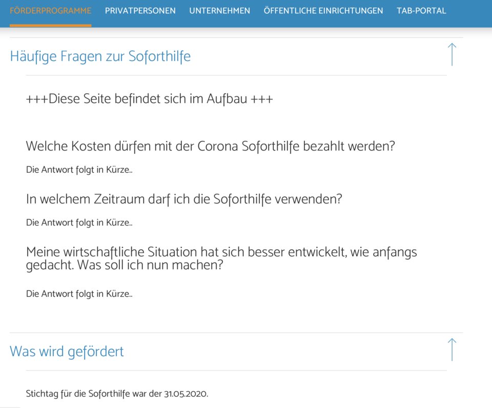 Website der Thüringer Aufbaubank, Screenshot vom 01.11.20