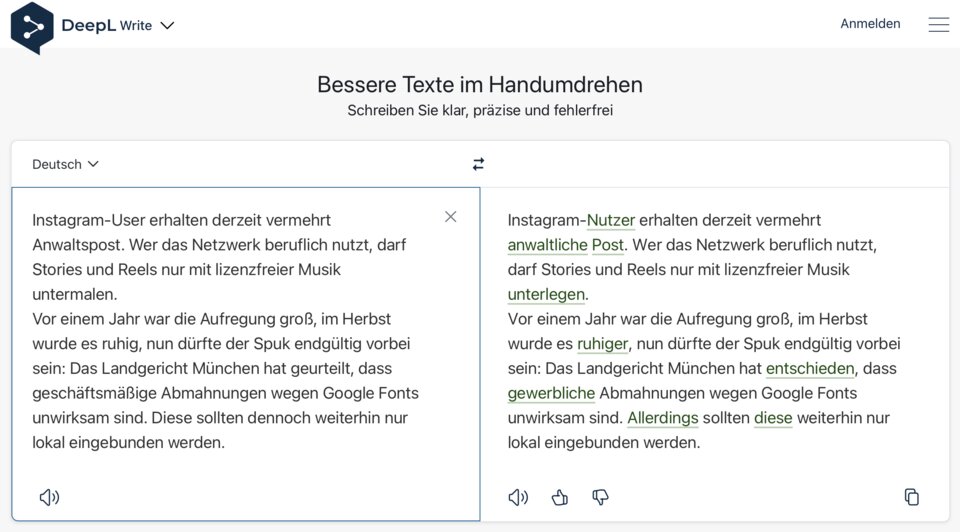 Textoptimierung mithilfe von "DeepL Write" anhand von zwei Textschnipseln aus Beiträgen zum Thema Abmahnung